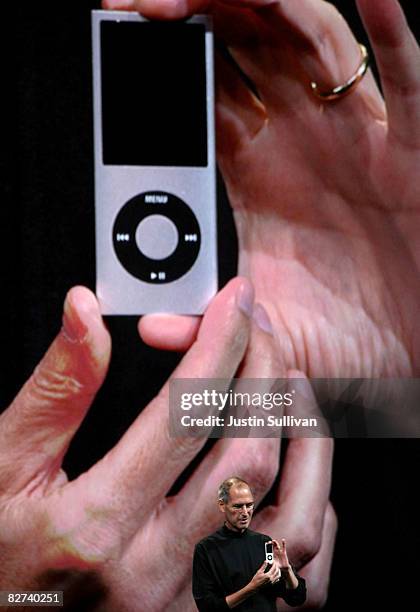 Apple CEO Steve Jobs announces a new version of the iPod Nano during a special event September 9, 2008 in San Francisco, California. Jobs announced a...