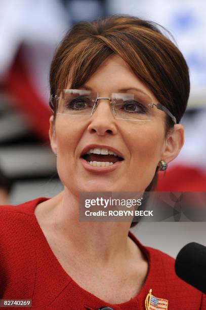 Republican vice presidential candidate Alaska Governor Sarah Palin speaks at a ?McCain Street USA? campaign event in Lebanon, Ohio on September 9,...