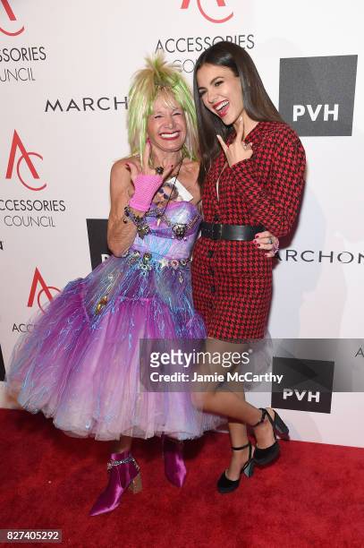 Designer Betsey Johnson and Victoria Justice attends the Accessories Council's 21st Annual celebration of the ACE awards at Cipriani 42nd Street on...