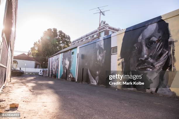 Wall mural by artist Brad Robson of fashion designer Akira Isogawa, poet Henry Lawson, athlete Annette Kellerman and drag queen Betty Grumble is seen...