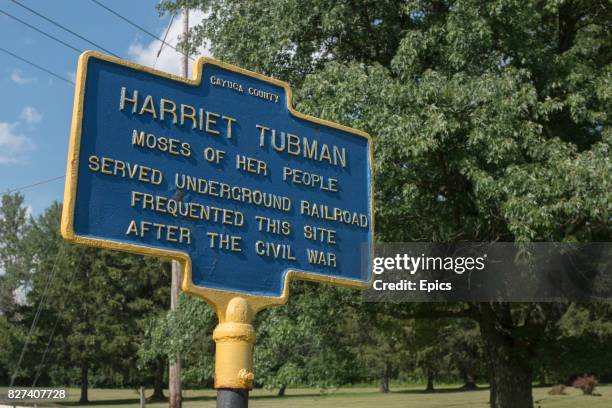 Sign marking the historic spot where American abolitionist and humanitarian Harriet Tubman lived, served and frequented in Auburn, New York - the...