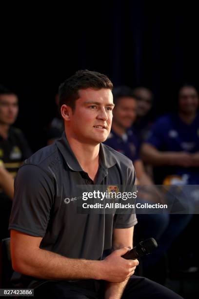 Jack Stratton of Canterbury speaks to the media during the Mitre 10 Cup Season Launch at the College Rifles Rugby Union Football & Sports Club on...