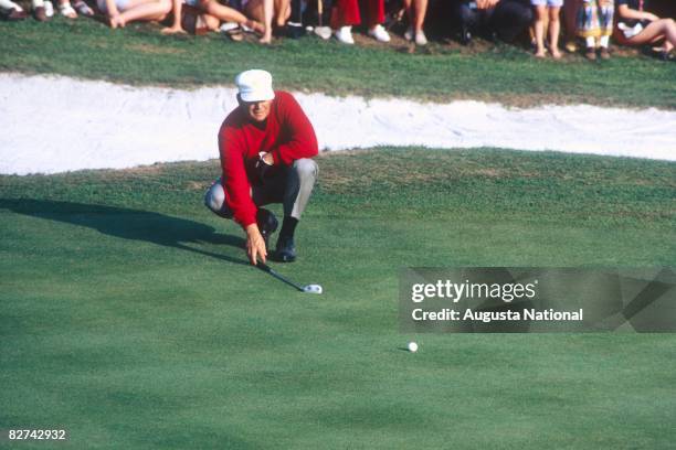 Billy Casper lines up a putt during the 1970 Masters Tournament at Augusta National Golf Club in April 1970 in Augusta, Georgia.