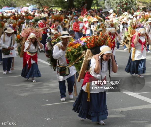 People carry flowers with the wooden crates in their back during the last day of the Festival of the Flowers at Guayabal avenue in Medellin, Colombia...