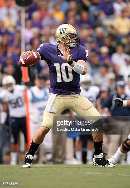 Jake Locker of the Washington Huskies passes the ball during their game against the BYU Cougars on September 6, 2008 at Husky Stadium in Seattle,...