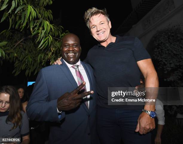 Former NBA player Shaquille O'Neal and celebrity chef Gordon Ramsay at Apple Music Launch Party Carpool Karaoke: The Series with James Corden on...