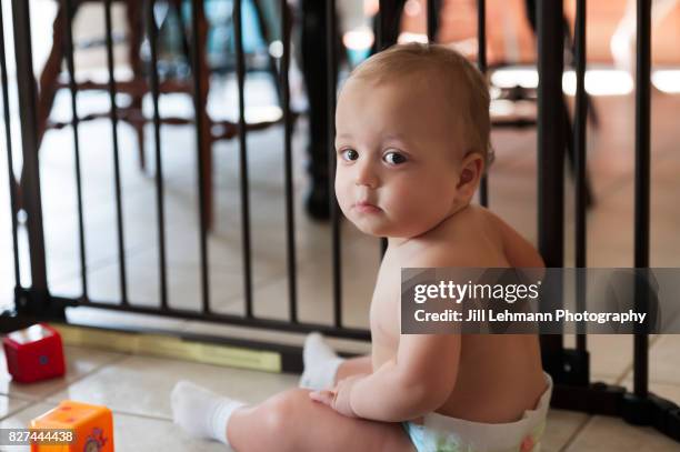 12 month old sick baby sits next to baby gate - baby gate stock pictures, royalty-free photos & images