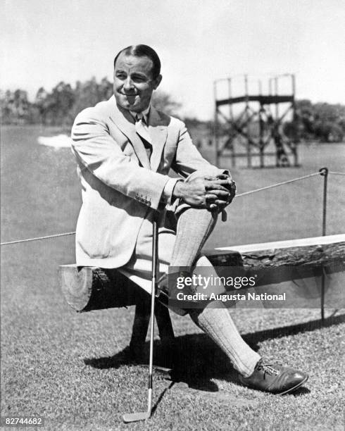 Gene Sarazen sits on a bench during the 1935 Masters Tournament at Augusta National Golf Club held April 4-8, 1935 in Augusta, Georgia.