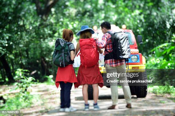 group of young people hikers in forest with backpack . - campfire stories stock pictures, royalty-free photos & images