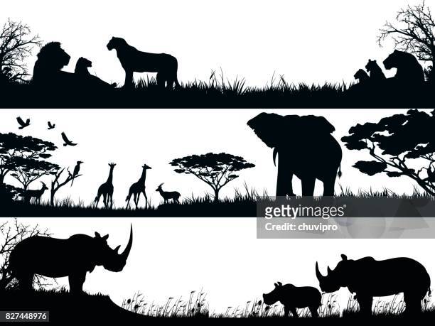 stockillustraties, clipart, cartoons en iconen met silhouetten set van afrikaanse wilde dieren in de natuur - safari animals