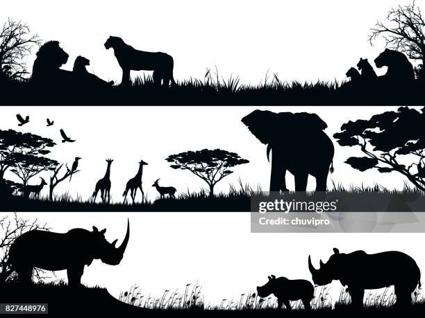 silhouettes set of african wild animals in nature habitats - animal family stock illustrations