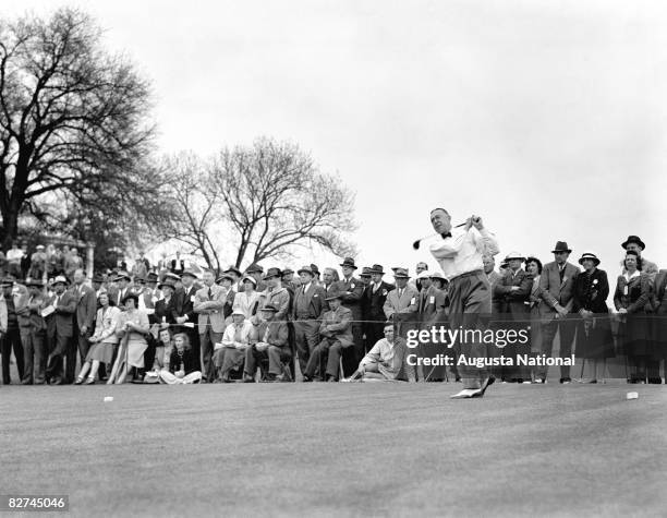 Francis Ouimet tees off during the 1941 Masters Tournament at Augusta National Golf Club on April 3-6, 1941 in Augusta, Georgia.