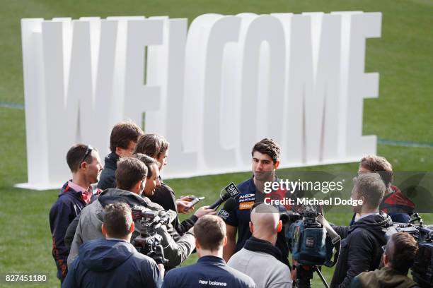 Christian Petracca speaks to media during the Melbourne Demons AFL Welcome Game Launch media opportunity at Melbourne Cricket Ground on August 8,...