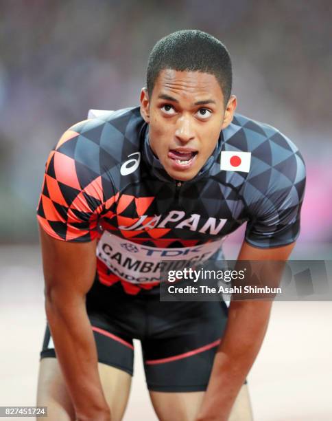 Aska Cambridge of Japan reacts after competing in the Men's 100m heat during day one of the 16th IAAF World Athletics Championships London 2017 at...