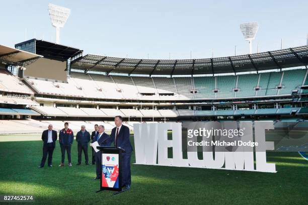 Melbourne Demons President Glen Bartlett speaks during the Melbourne Demons AFL Welcome Game Launch media opportunity at Melbourne Cricket Ground on...