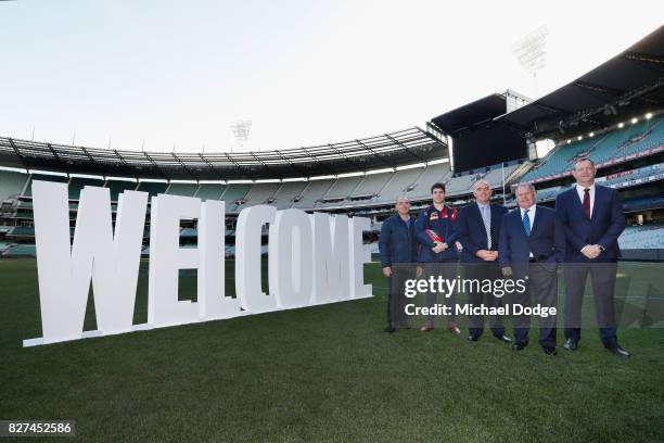 Melbourne Demons President Glen Bartlett, City Of Melbourne Lord Mayor Robert Doyle, MCC CEO Stuart Fox, Demond footballer Christian Petracca and his...