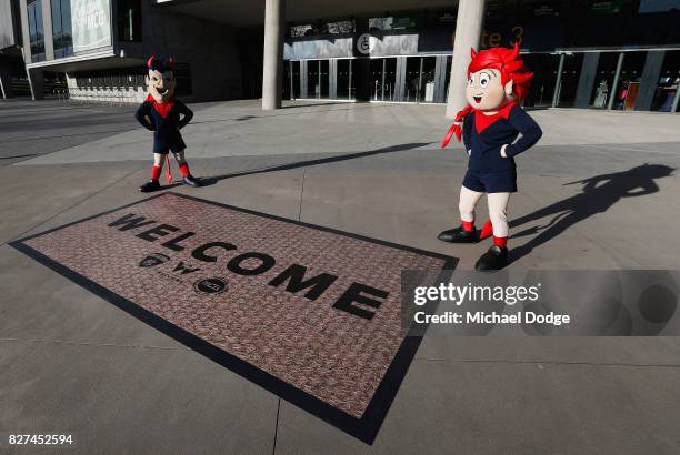 The Welcome matt is seen during the Melbourne Demons AFL Welcome Game Launch media opportunity at Melbourne Cricket Ground on August 8, 2017 in...