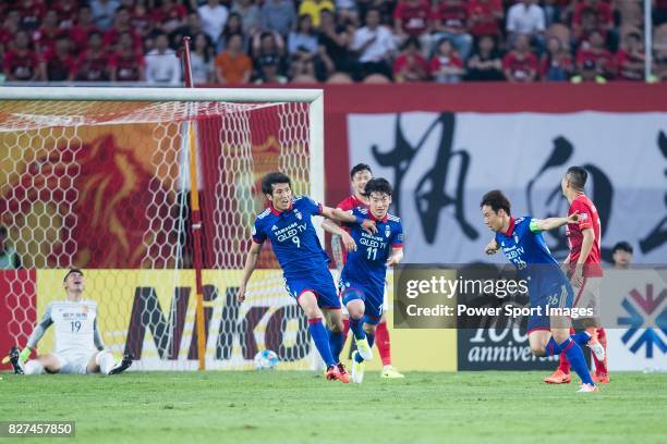 Suwon Midfielder Yeom Ki Hun celebrating his goal with his teammates during the AFC Champions League 2017 Group G match between Guangzhou Evergrande...