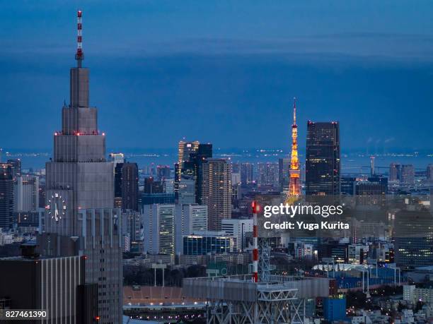 tokyo skyline at blue hour - ntt docomo yoyogi building stock pictures, royalty-free photos & images