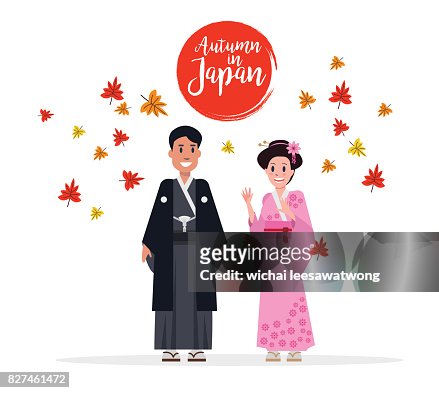 Los Japoneses De Pareja Con Traje Típico En Otoño Ilustración de stock -  Getty Images