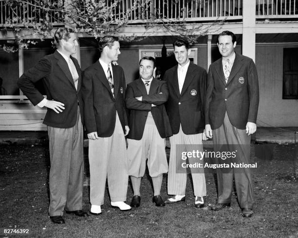 Horton Smith, Byron Nelson, Gene Sarazen, Henry Picard, and Ralph Guldahl, the first five Master's winners, pose together during the 1939 Masters...