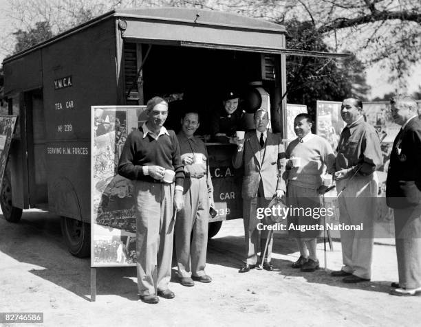 Tommy Armour, Bobby Jones, the Duke of Windsor, Gene Sarazen and Walter Hagen enjoy refreshments at the tea car during the 1935 Masters Tournament at...