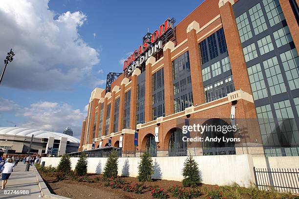 General view of the exterior of Lucas Oil Stadium prior to the NFL game between the Chicago Bears and the Indianapolis Colts at Lucas Oil Stadium on...