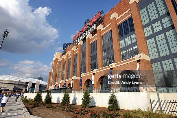General view of the exterior of Lucas Oil Stadium prior to the NFL game between the Chicago Bears and the Indianapolis Colts at Lucas Oil Stadium on...