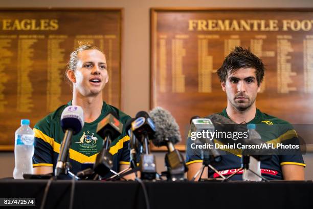 Nathan Fyfe of the Dockers and Andrew Gaff of the Eagles take questions from the the floor during the media conference to confirm match dates in...