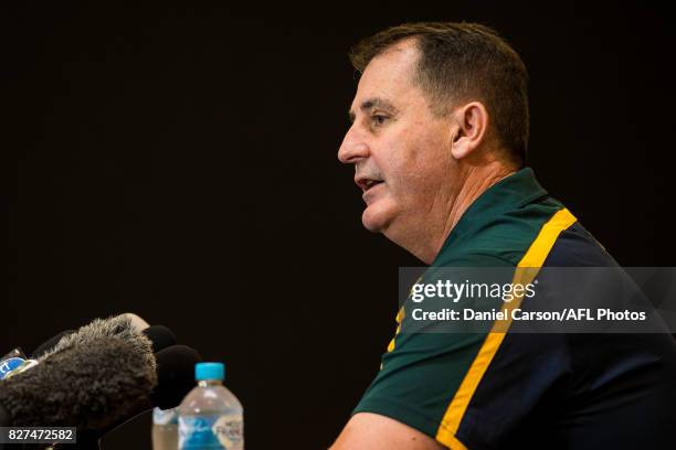 Ross Lyon, coach of the Dockers and Australian assistant coach takes questions from the the floor during the media conference to confirm match dates...