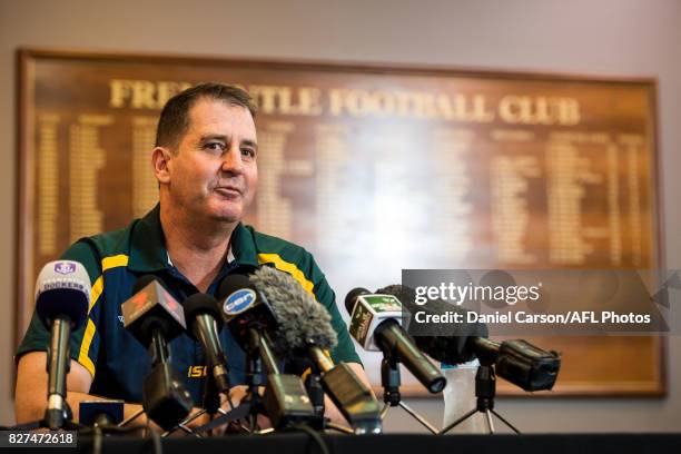 Ross Lyon, coach of the Dockers and Australian assistant coach takes questions from the the floor during the media conference to confirm match dates...