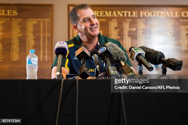 Ross Lyon, coach of the Dockers and Australian assistant coach takes questions from the the floor during the media conference to confirm match dates...