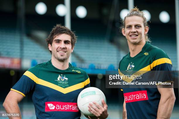 Nathan Fyfe of the Dockers and Andrew Gaff of the Eagles pose for a photo opportunity during the media conference to confirm match dates in Adelaide...