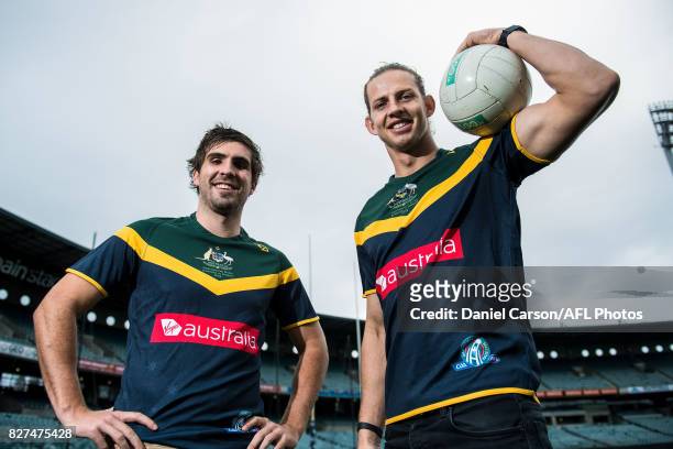 Nathan Fyfe of the Dockers and Andrew Gaff of the Eagles pose for a photo opportunity during the media conference to confirm match dates in Adelaide...