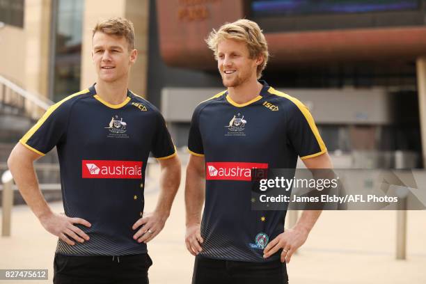 Robbie Gray of the Power and Rory Sloane of the Crows during the media conference to confirm match dates in Adelaide and Perth respectively for the...