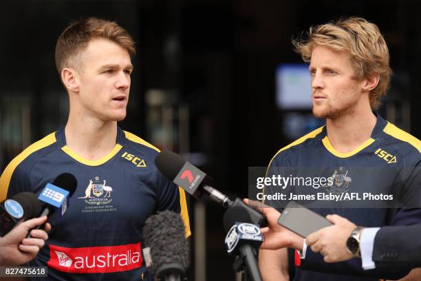 Robbie Gray of the Power and Rory Sloane of the Crows during the media conference to confirm match dates in Adelaide and Perth respectively for the...