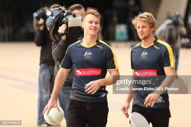 Robbie Gray of the Power and Rory Sloane of the Crows during the media conference to confirm match dates in Adelaide and Perth respectively for the...