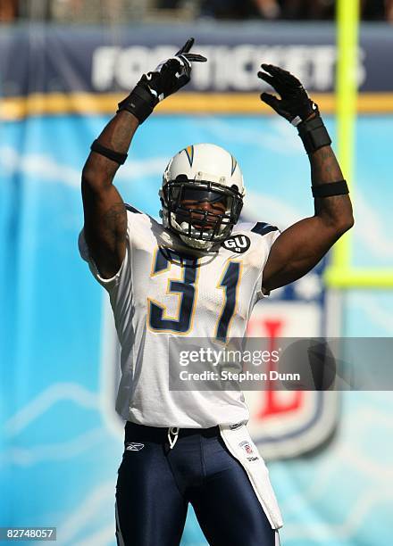 Cornerback Antonio Cromartie of the San Diego Chargers gestures to the fans during the game against the Carolina Panthers on September 7, 2008 at...