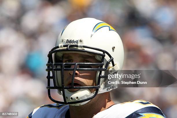 Linebacker Matt Wilhelm of the San Diego Chargers looks on during warmups before the game against the Carolina Panthers on September 7, 2008 at...