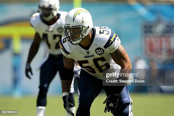 Linebacker Shawne Merriman of the San Diego Chargers sets on the line of scrimmage against the Carolina Panthers on September 7, 2008 at Qualcomm...
