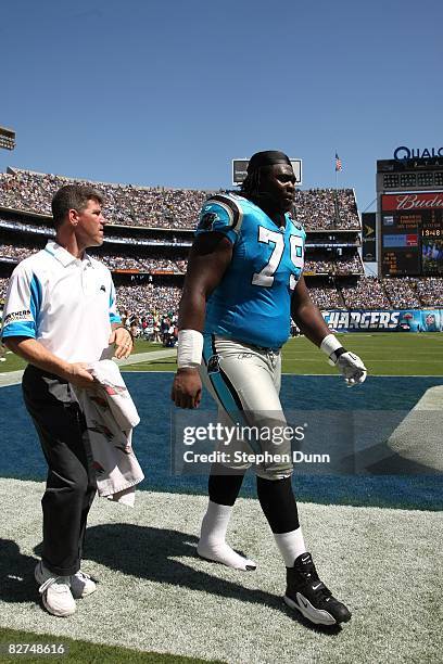 Tackle Jeff Otah of the Carolina Panthers leaves the field during the game with the San Diego Chargers on September 7, 2008 at Qualcomm Stadium in...