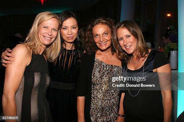 Linda Avey, Wendi Deng, Diane VonFurstenberg and Anne Wojcicki attend the 23 and Me Spit party at the IAC Building on September 9, 2008 in New York...