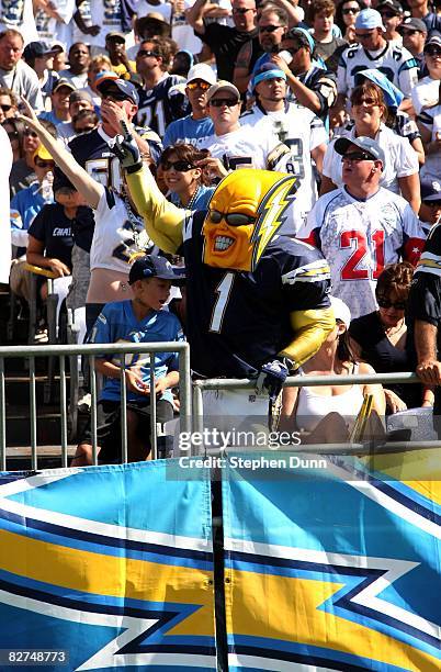 San Diego Chargers fan known as Bolt Man cheers during the game against the Carolina Panthers on September 7, 2008 at Qualcomm Stadium in San Diego,...