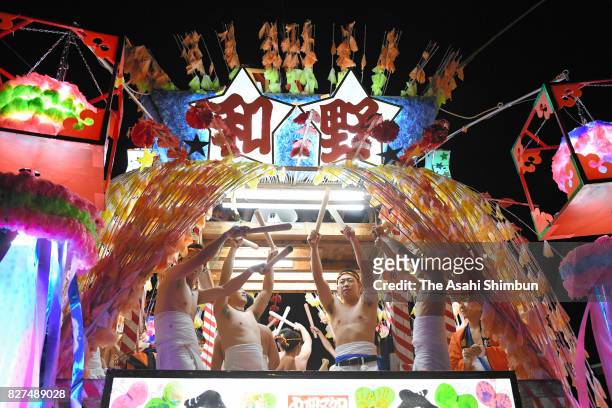 Illuminated float rolls through the new downtown area during the Tanabata festival on August 7, 2017 in Rikuzentakata, Iwate, Japan. The disaster-hit...