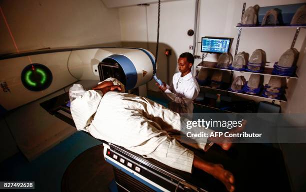Picture taken on July 25, 2017 shows Sudanese patient undergoing radiotherapy for cancer treatment, at the Radiation and Isotopes Centre Khartoum in...