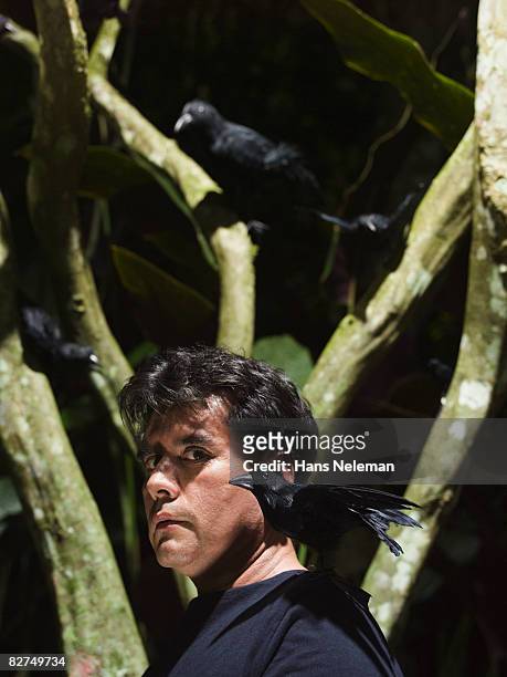 man with crows in the forest - las posas foto e immagini stock