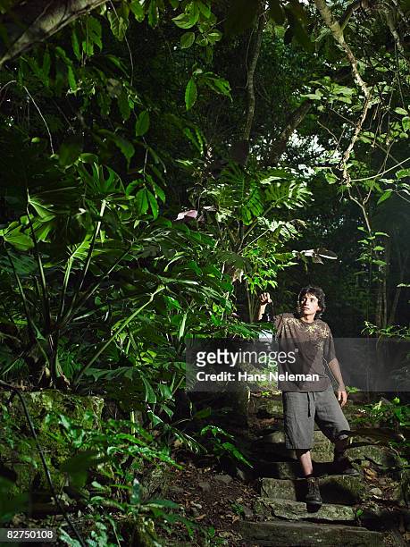 man with a lantern investigating the forest - las posas foto e immagini stock