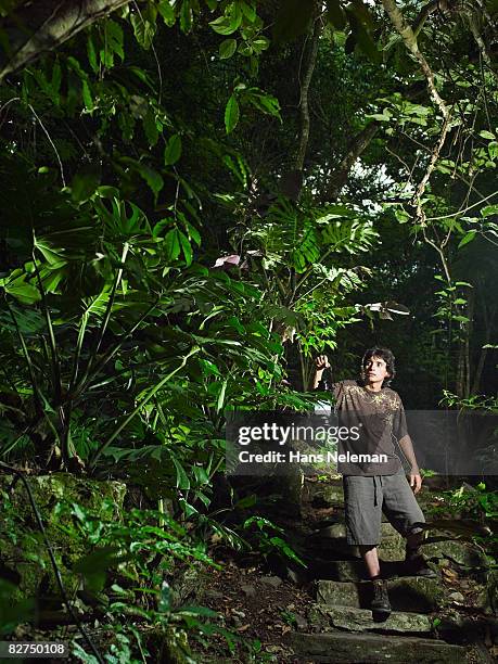 man with a lantern investigating the forest - las posas stock pictures, royalty-free photos & images