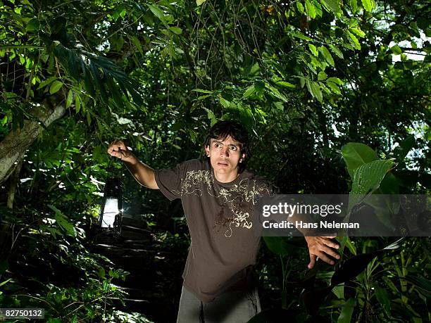 man with a lantern emerging from the forest - las posas stock pictures, royalty-free photos & images