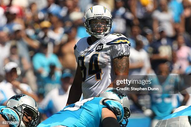 Linebacker Jyles Tucker of the San Diego Chargers stands at the line of scrimmage against the Carolina Panthers on September 7, 2008 at Qualcomm...